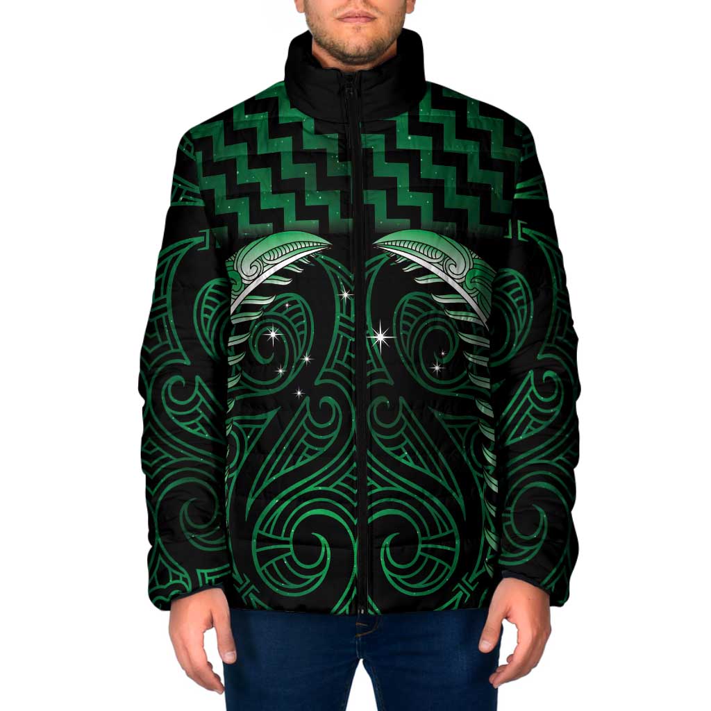 Green Matariki New Zealand Padded Jacket Maori Poutama Galaxy Vibes - Polynesian Pride