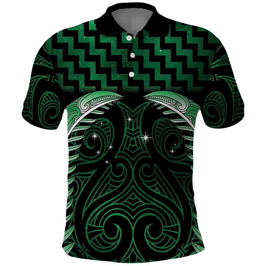 Green Matariki New Zealand Polo Shirt Maori Poutama Galaxy Vibes