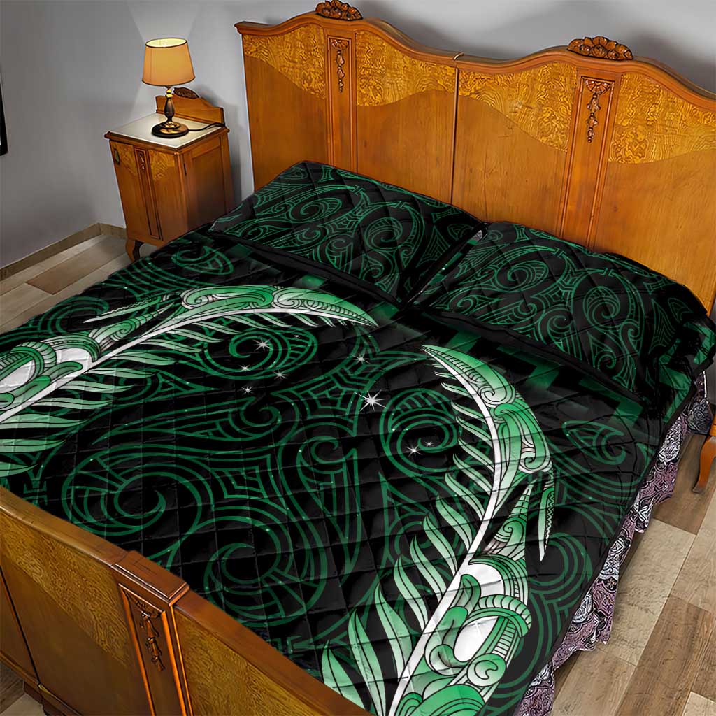 Green Matariki New Zealand Quilt Bed Set Maori Poutama Galaxy Vibes