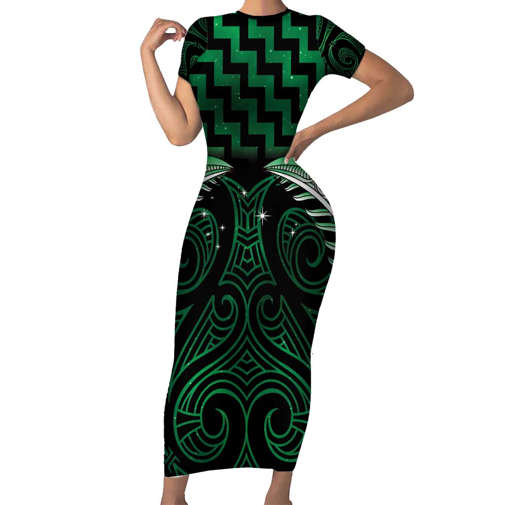 Green Matariki New Zealand Short Sleeve Bodycon Dress Maori Poutama Galaxy Vibes