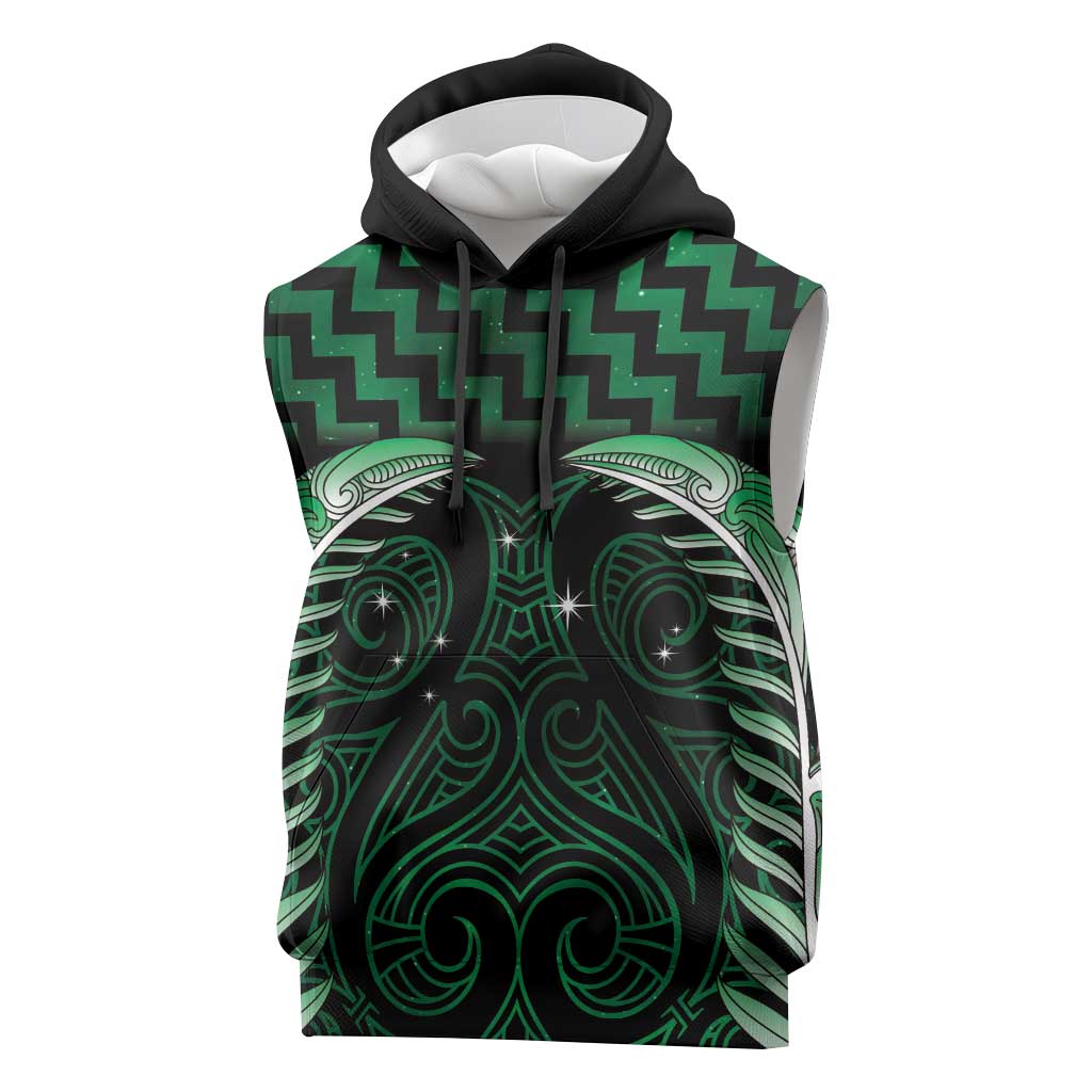Green Matariki New Zealand Sleeveless Hoodie Maori Poutama Galaxy Vibes - Polynesian Pride