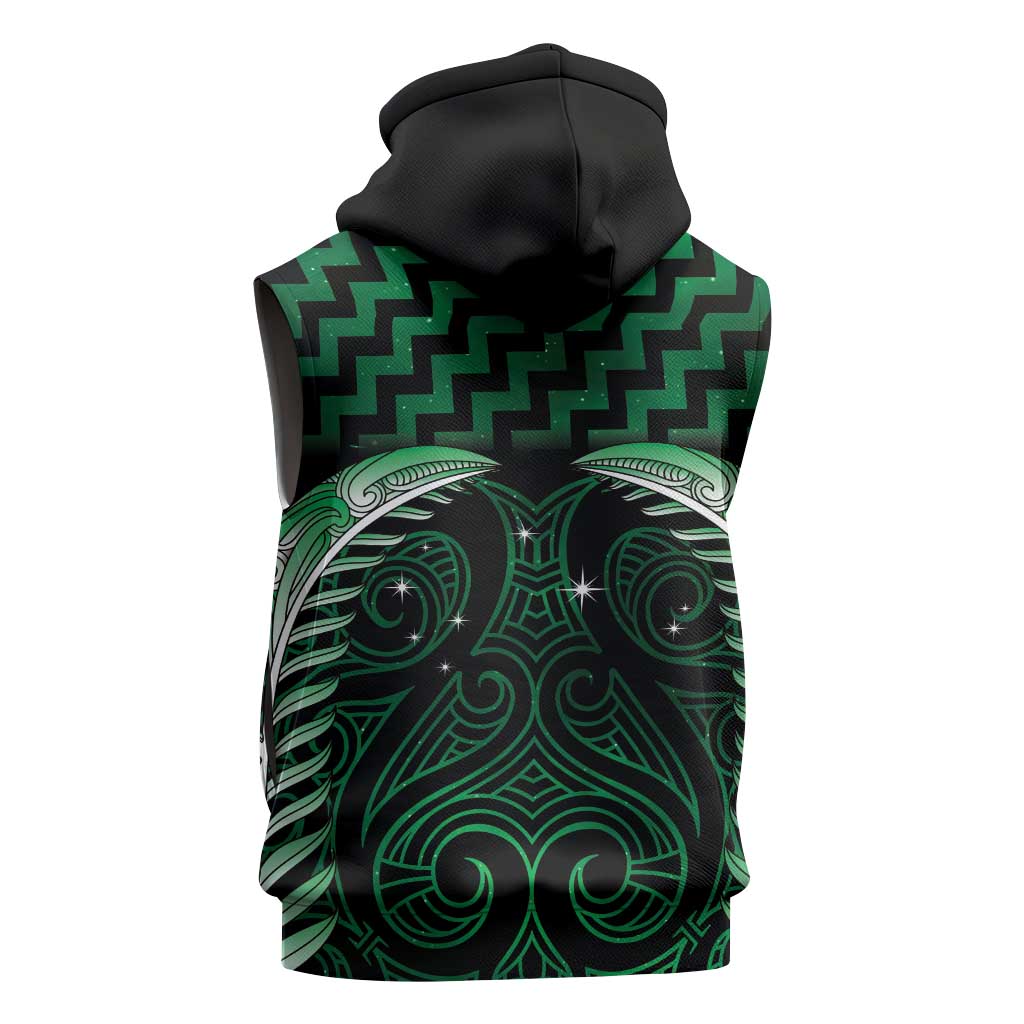 Green Matariki New Zealand Sleeveless Hoodie Maori Poutama Galaxy Vibes - Polynesian Pride