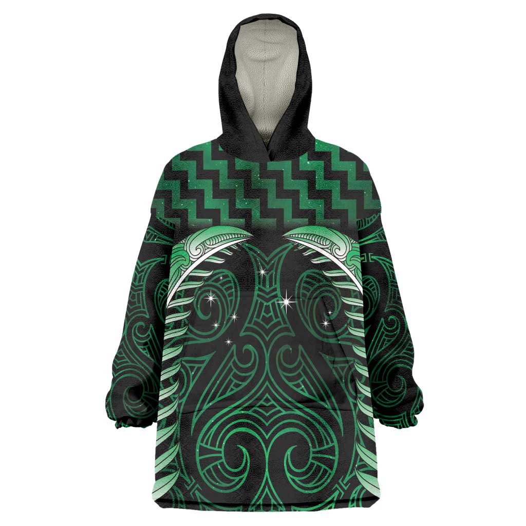 Green Matariki New Zealand Wearable Blanket Hoodie Maori Poutama Galaxy Vibes