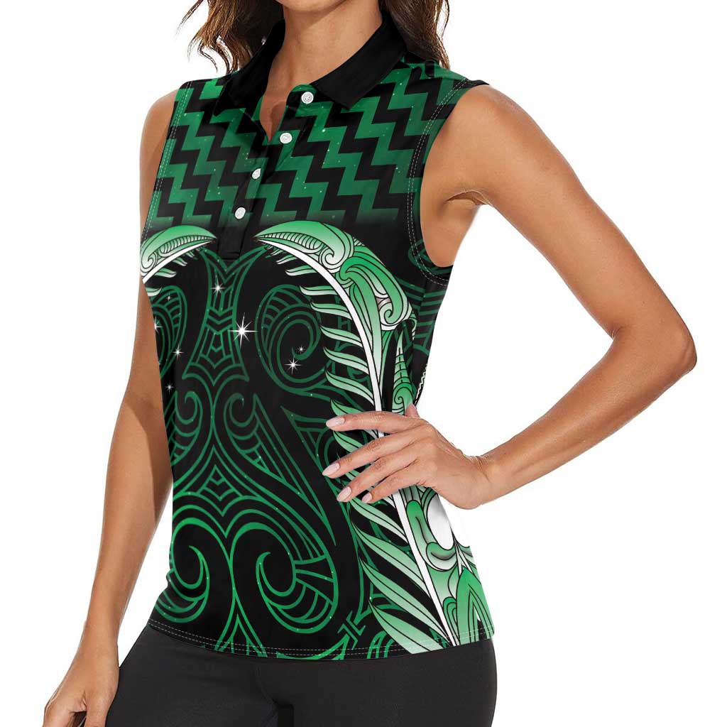 Green Matariki New Zealand Women Sleeveless Polo Shirt Maori Poutama Galaxy Vibes