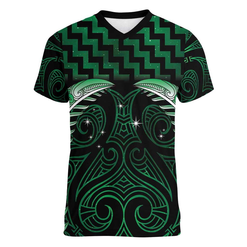 Green Matariki New Zealand Women V-Neck T-Shirt Maori Poutama Galaxy Vibes