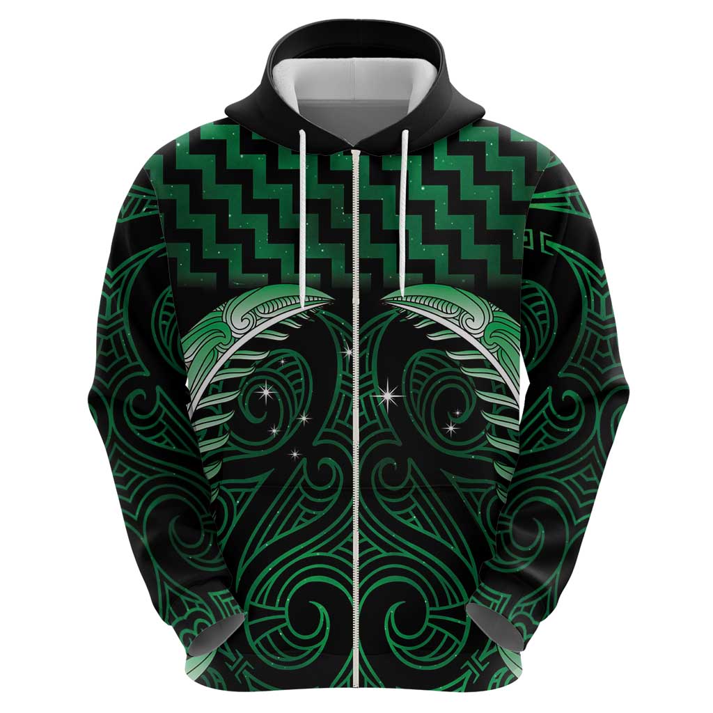 Green Matariki New Zealand Zip Hoodie Maori Poutama Galaxy Vibes