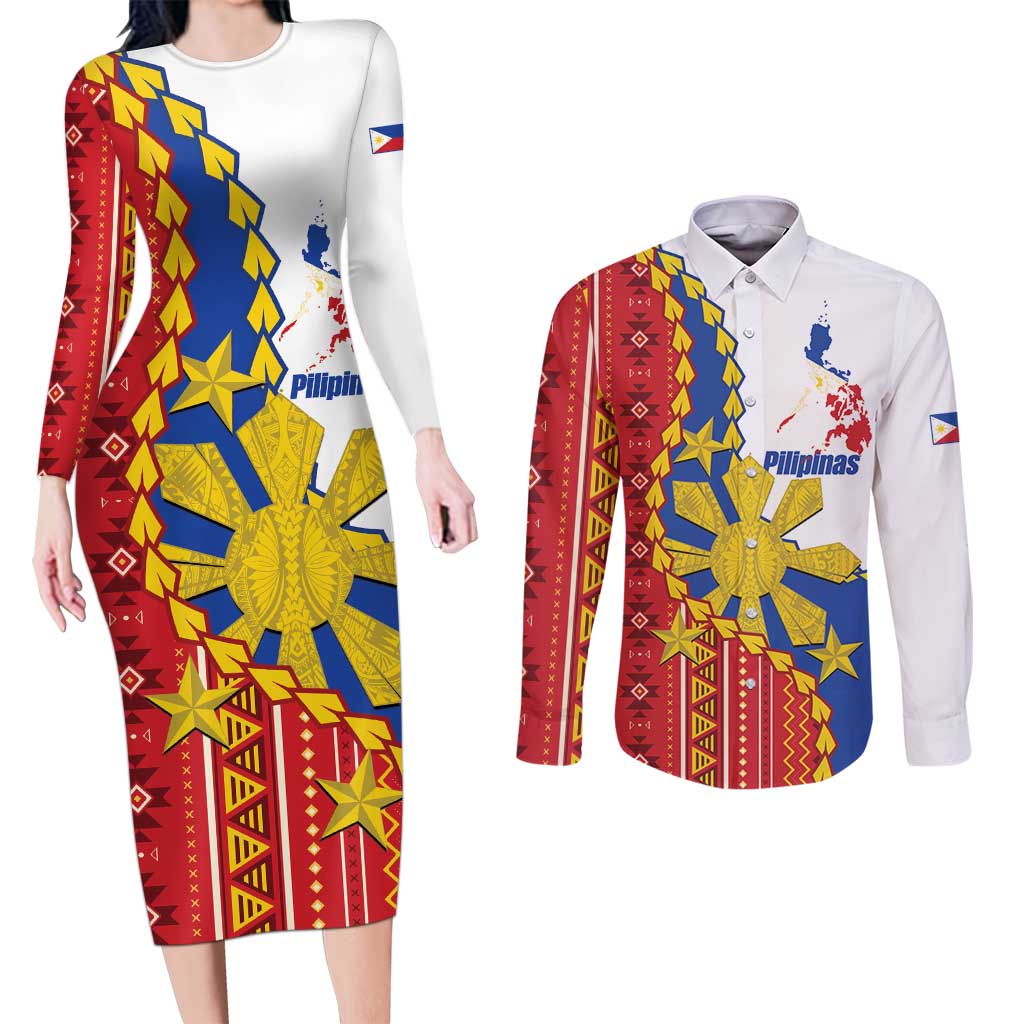 Philippines Independence Day Couples Matching Long Sleeve Bodycon Dress and Long Sleeve Button Shirt Pilipinas Sun Stars Igorot Pattern