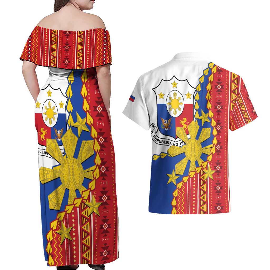 Philippines Independence Day Couples Matching Off Shoulder Maxi Dress and Hawaiian Shirt Pilipinas Sun Stars Igorot Pattern