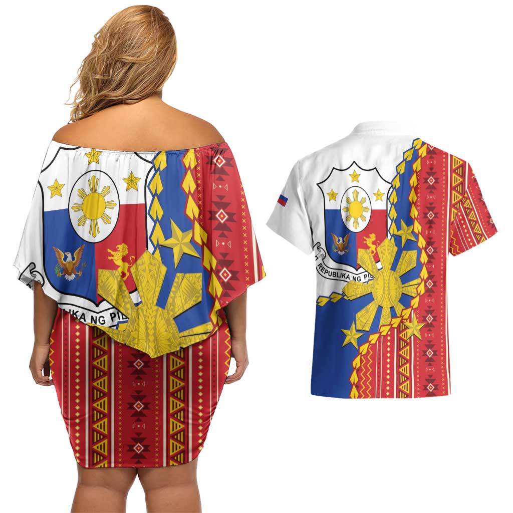 Philippines Independence Day Couples Matching Off Shoulder Short Dress and Hawaiian Shirt Pilipinas Sun Stars Igorot Pattern
