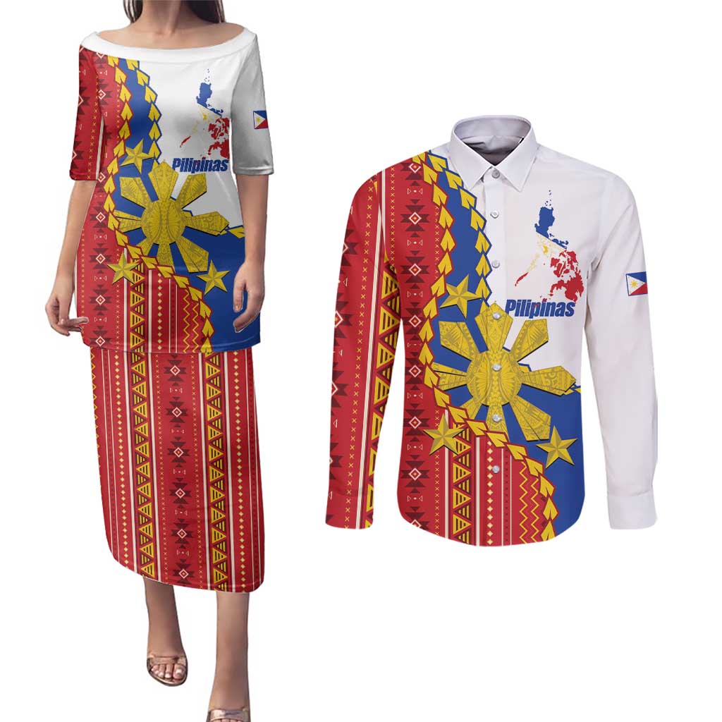 Philippines Independence Day Couples Matching Puletasi and Long Sleeve Button Shirt Pilipinas Sun Stars Igorot Pattern