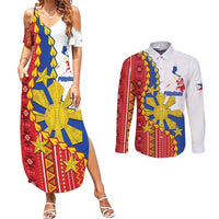 Philippines Independence Day Couples Matching Summer Maxi Dress and Long Sleeve Button Shirt Pilipinas Sun Stars Igorot Pattern