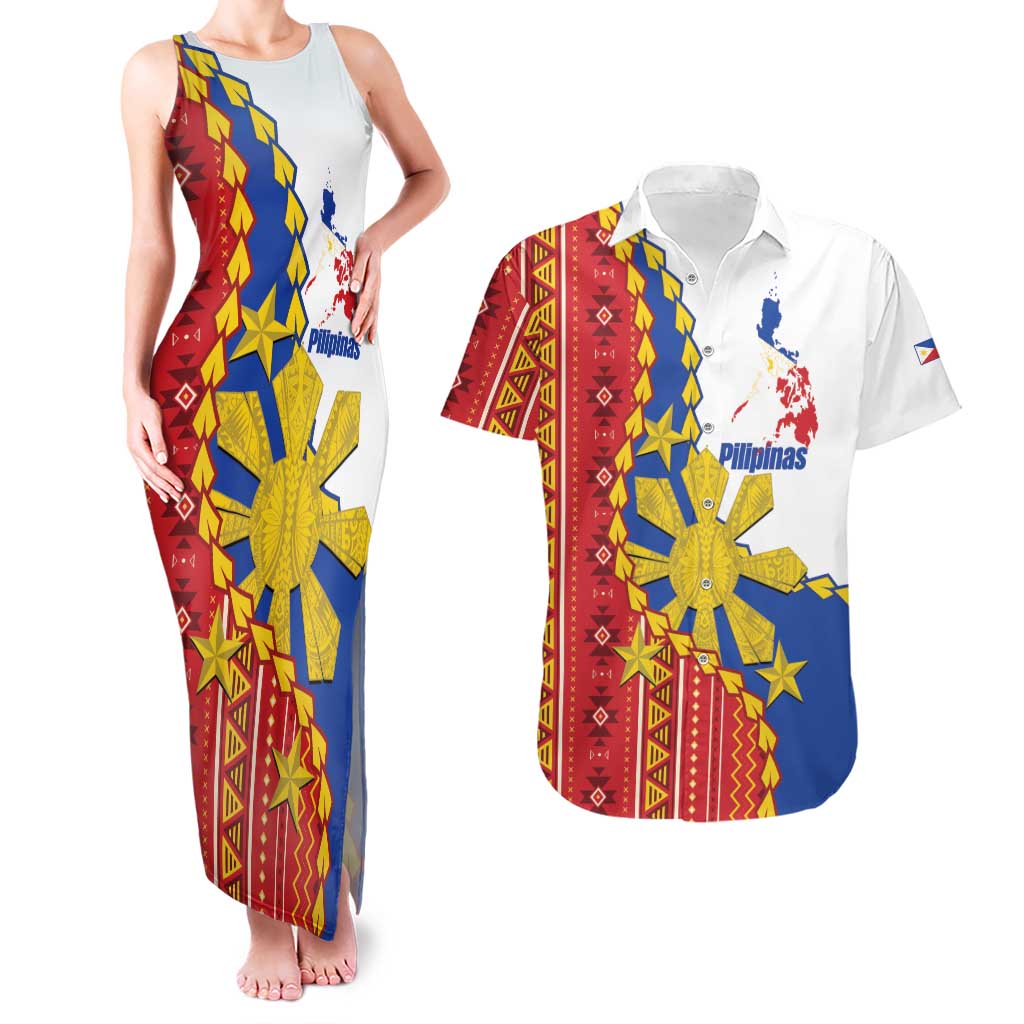 Philippines Independence Day Couples Matching Tank Maxi Dress and Hawaiian Shirt Pilipinas Sun Stars Igorot Pattern