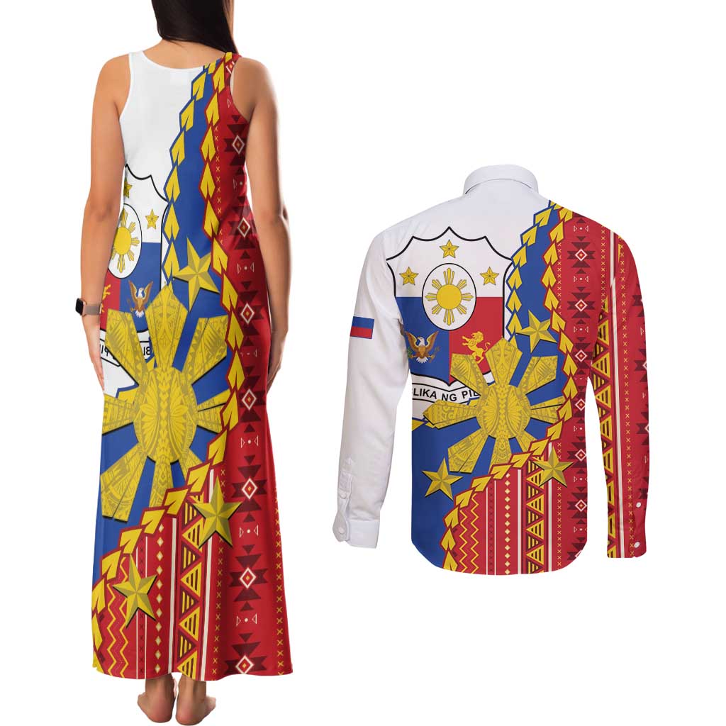 Philippines Independence Day Couples Matching Tank Maxi Dress and Long Sleeve Button Shirt Pilipinas Sun Stars Igorot Pattern