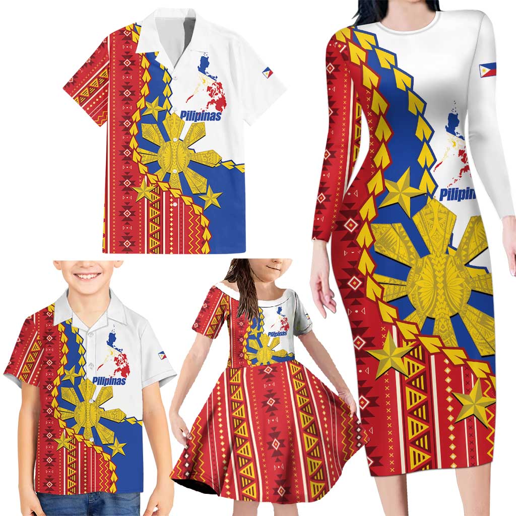 Philippines Independence Day Family Matching Long Sleeve Bodycon Dress and Hawaiian Shirt Pilipinas Sun Stars Igorot Pattern