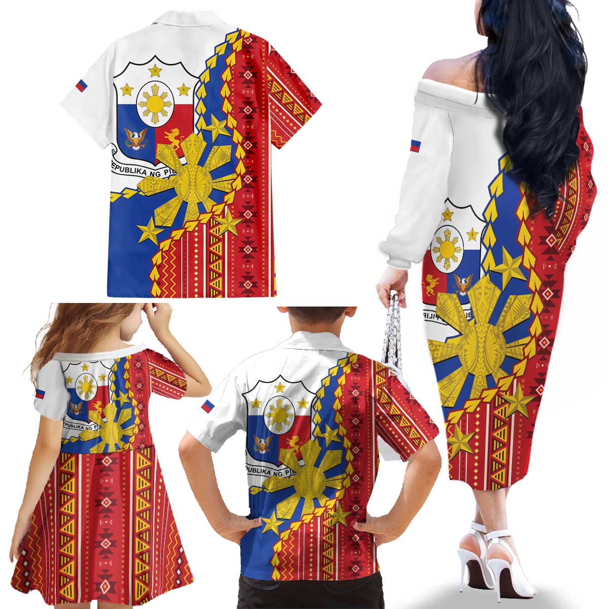 Philippines Independence Day Family Matching Off The Shoulder Long Sleeve Dress and Hawaiian Shirt Pilipinas Sun Stars Igorot Pattern