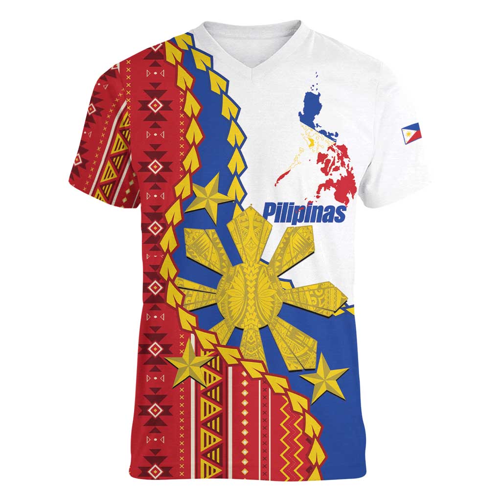Philippines Independence Day Women V-Neck T-Shirt Pilipinas Sun Stars Igorot Pattern