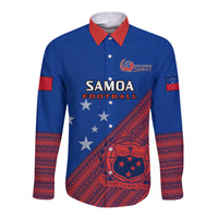 Personalised Samoa Football Long Sleeve Button Shirt Samoan Coat Of Arm Polynesian Sporty Style LT14 Unisex Blue - Polynesian Pride