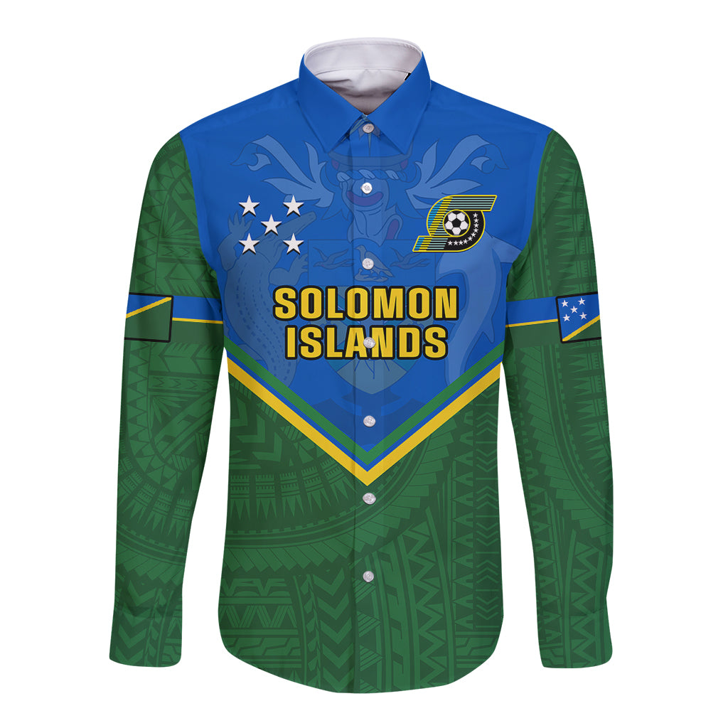 Solomon Islands Football Long Sleeve Button Shirt Polynesian Pattern Sporty Style LT14 Unisex Green - Polynesian Pride
