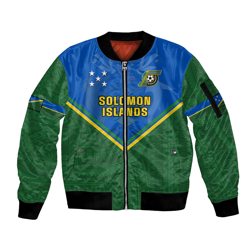 Solomon Islands Football Sleeve Zip Bomber Jacket Polynesian Pattern Sporty Style LT14 Unisex Green - Polynesian Pride