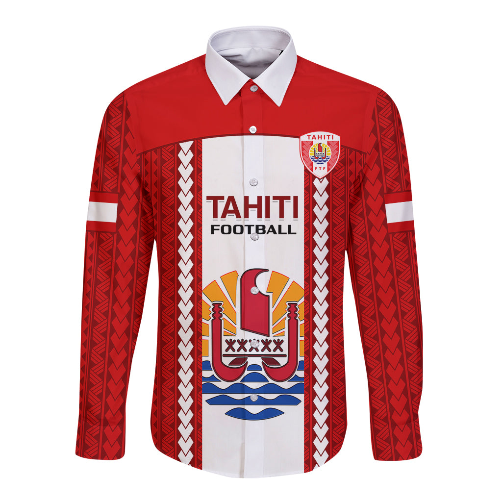 Personalised Tahitian Football Long Sleeve Button Shirt Tahiti Coat Of Arm Polynesian Sporty Style LT14 Unisex Red - Polynesian Pride