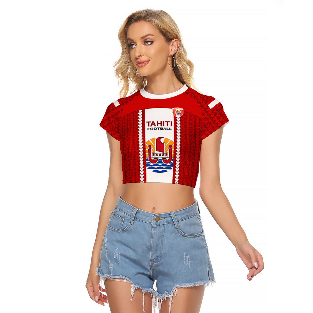 Personalised Tahitian Football Raglan Cropped T Shirt Tahiti Coat Of Arm Polynesian Sporty Style LT14 Female Red - Polynesian Pride