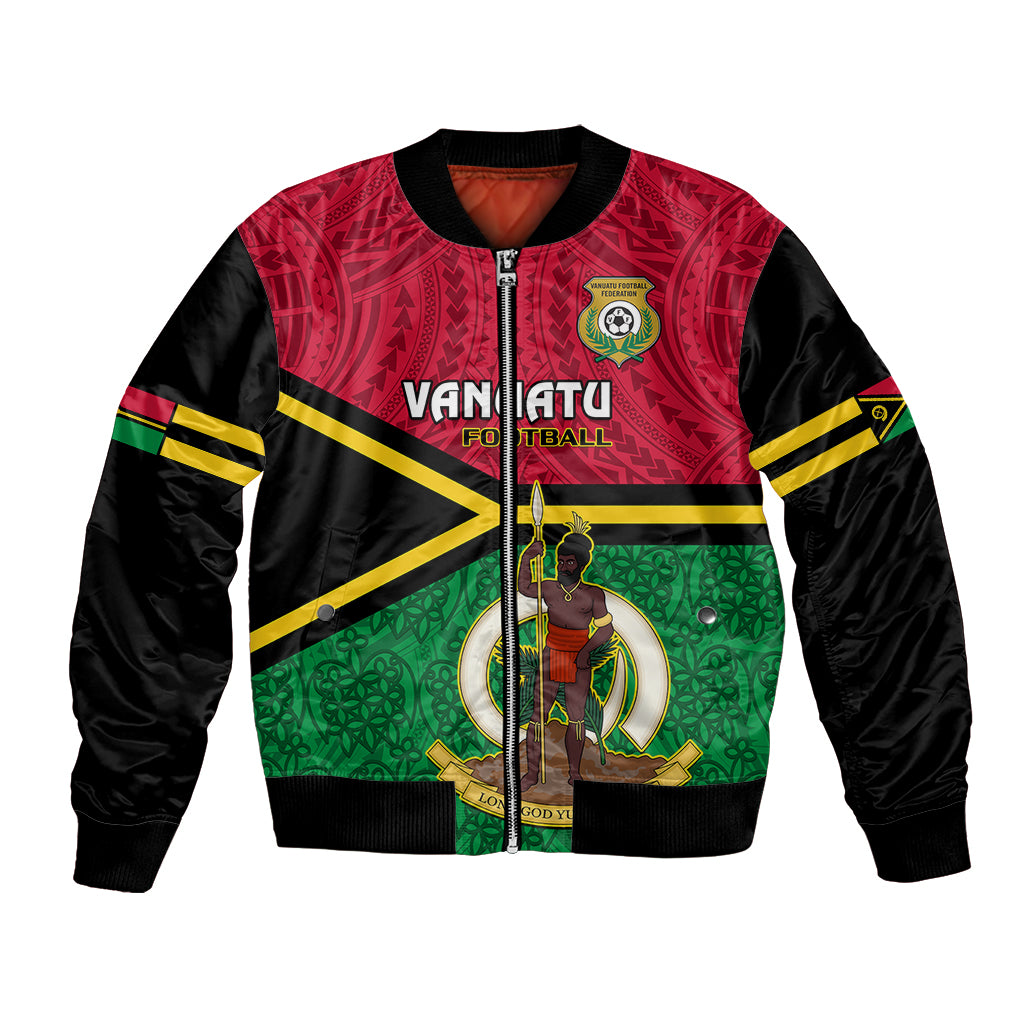 Personalised Vanuatu Football Bomber Jacket Vanuatuan Coat Of Arm Polynesian Flag Style LT14 Unisex Red - Polynesian Pride