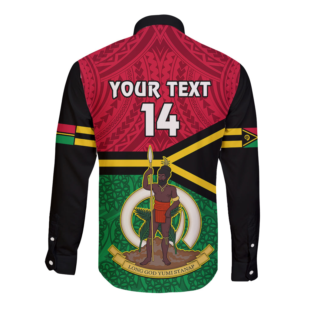 Personalised Vanuatu Football Long Sleeve Button Shirt Vanuatuan Coat Of Arm Polynesian Flag Style LT14 - Polynesian Pride