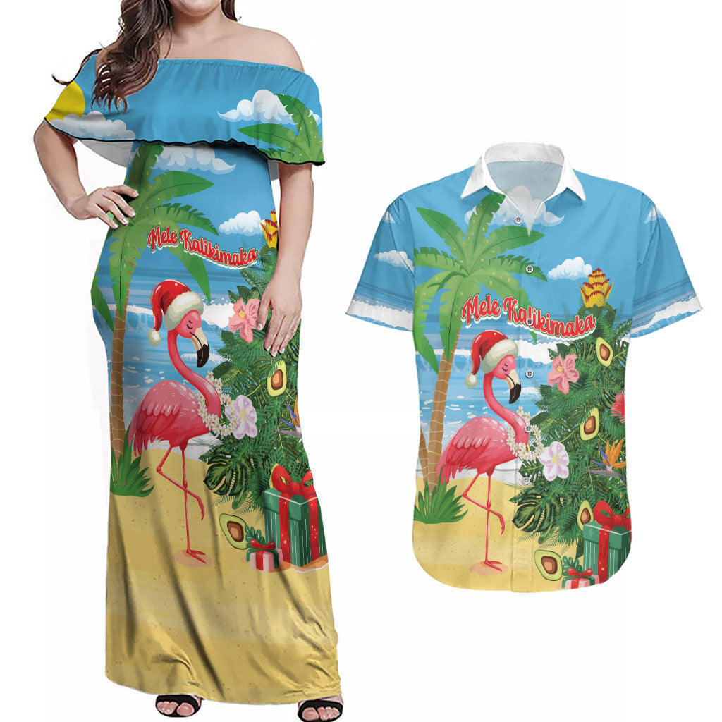 Flamingo Hawaii Summer Christmas Personalized Couples Matching Off Shoulder Maxi Dress and Hawaiian Shirt Mele Kalikimaka Beachy Vibes