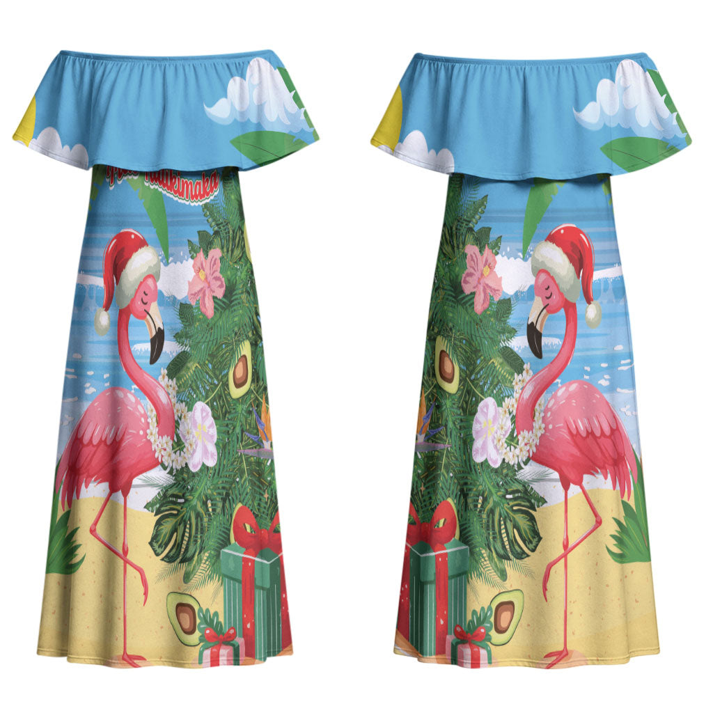 Flamingo Hawaii Summer Christmas Personalized Couples Matching Off Shoulder Maxi Dress and Hawaiian Shirt Mele Kalikimaka Beachy Vibes LT14 - Polynesian Pride