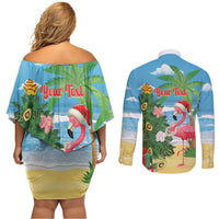 Flamingo Hawaii Summer Christmas Personalized Couples Matching Off Shoulder Short Dress and Long Sleeve Button Shirt Mele Kalikimaka Beachy Vibes