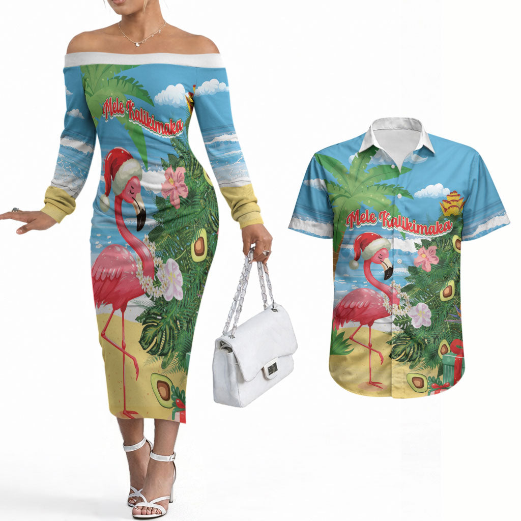 Flamingo Hawaii Summer Christmas Personalized Couples Matching Off The Shoulder Long Sleeve Dress and Hawaiian Shirt Mele Kalikimaka Beachy Vibes LT14 Blue - Polynesian Pride
