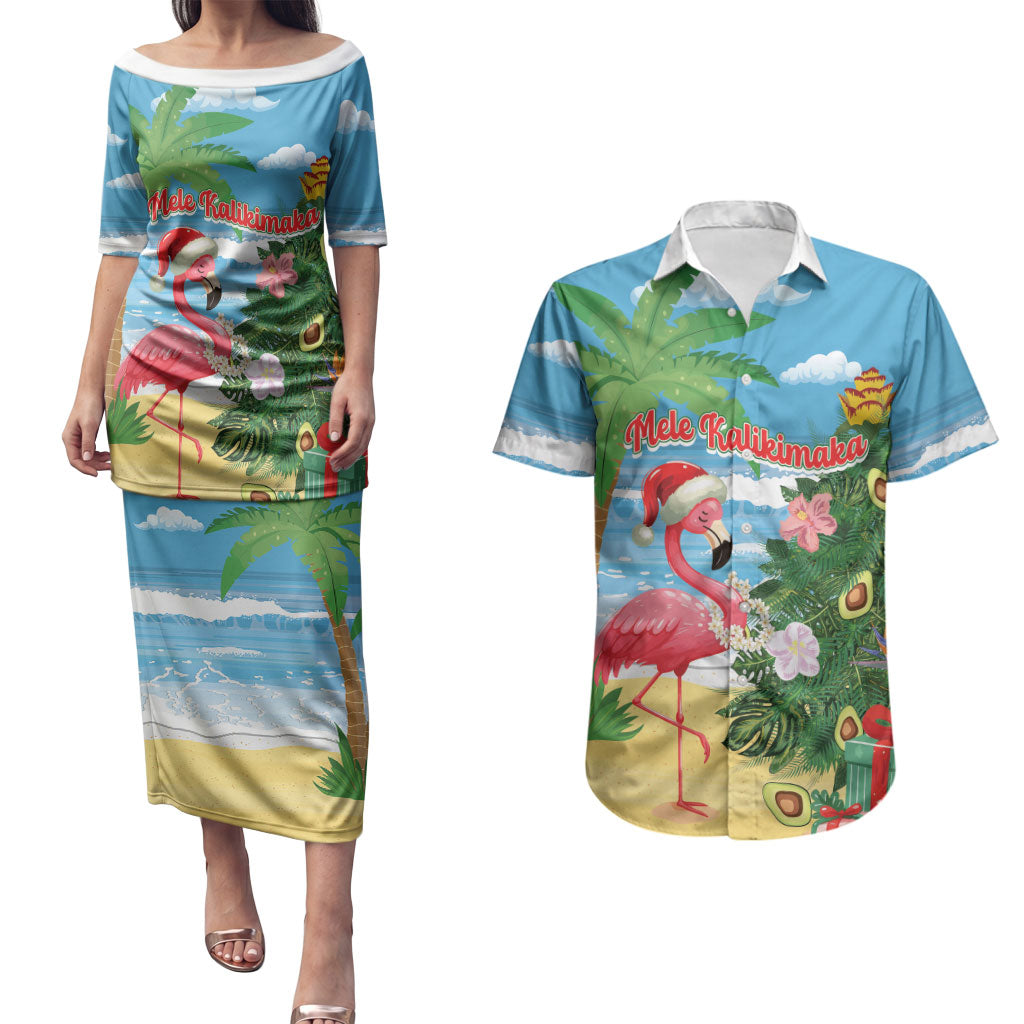 Flamingo Hawaii Summer Christmas Personalized Couples Matching Puletasi and Hawaiian Shirt Mele Kalikimaka Beachy Vibes LT14 Blue - Polynesian Pride