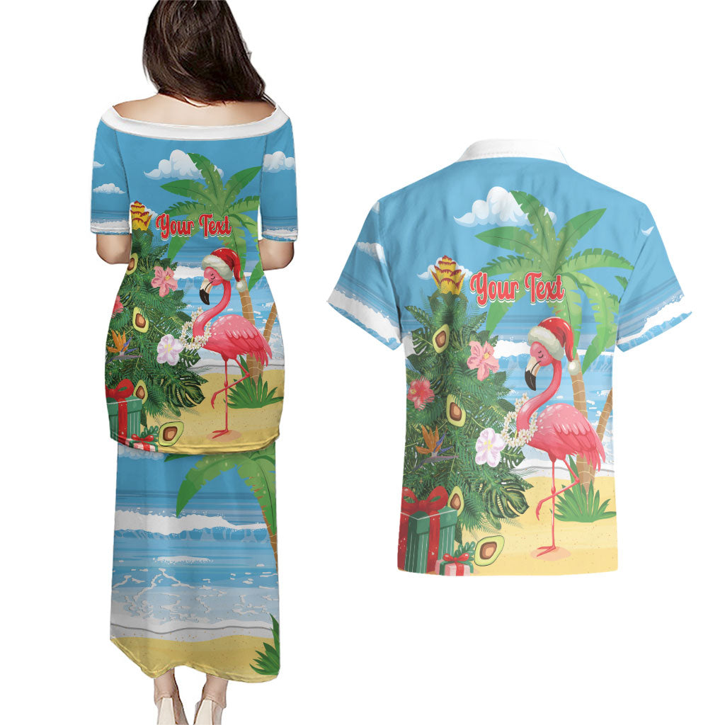 Flamingo Hawaii Summer Christmas Personalized Couples Matching Puletasi and Hawaiian Shirt Mele Kalikimaka Beachy Vibes