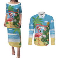 Flamingo Hawaii Summer Christmas Personalized Couples Matching Puletasi and Long Sleeve Button Shirt Mele Kalikimaka Beachy Vibes