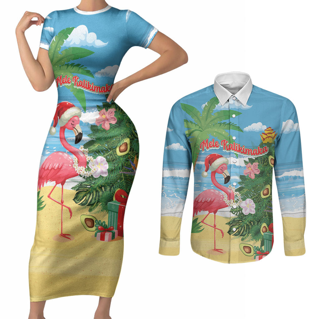 Flamingo Hawaii Summer Christmas Personalized Couples Matching Short Sleeve Bodycon Dress and Long Sleeve Button Shirt Mele Kalikimaka Beachy Vibes LT14 Blue - Polynesian Pride