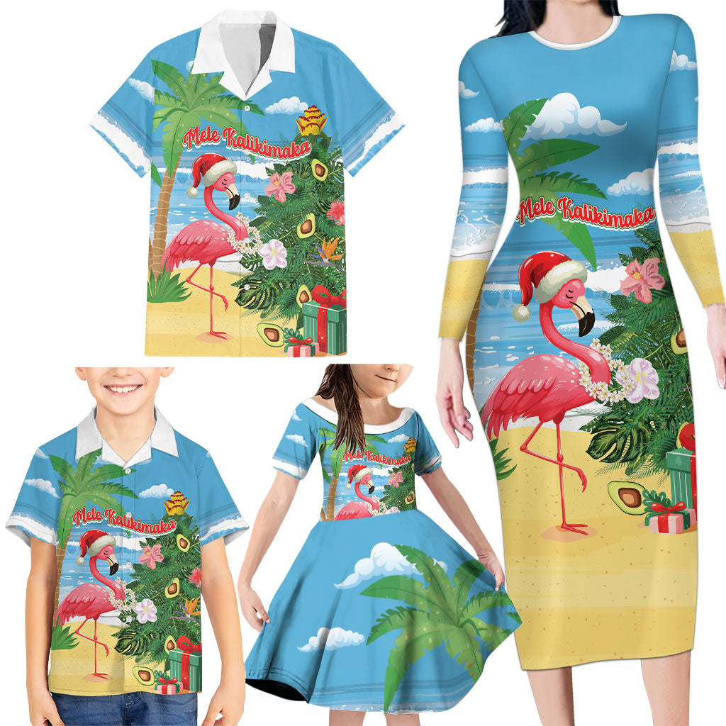Flamingo Hawaii Summer Christmas Personalized Family Matching Long Sleeve Bodycon Dress and Hawaiian Shirt Mele Kalikimaka Beachy Vibes