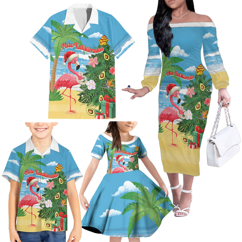Flamingo Hawaii Summer Christmas Personalized Family Matching Off The Shoulder Long Sleeve Dress and Hawaiian Shirt Mele Kalikimaka Beachy Vibes