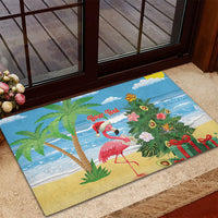 Flamingo Hawaii Summer Christmas Personalized Rubber Doormat Mele Kalikimaka Beachy Vibes