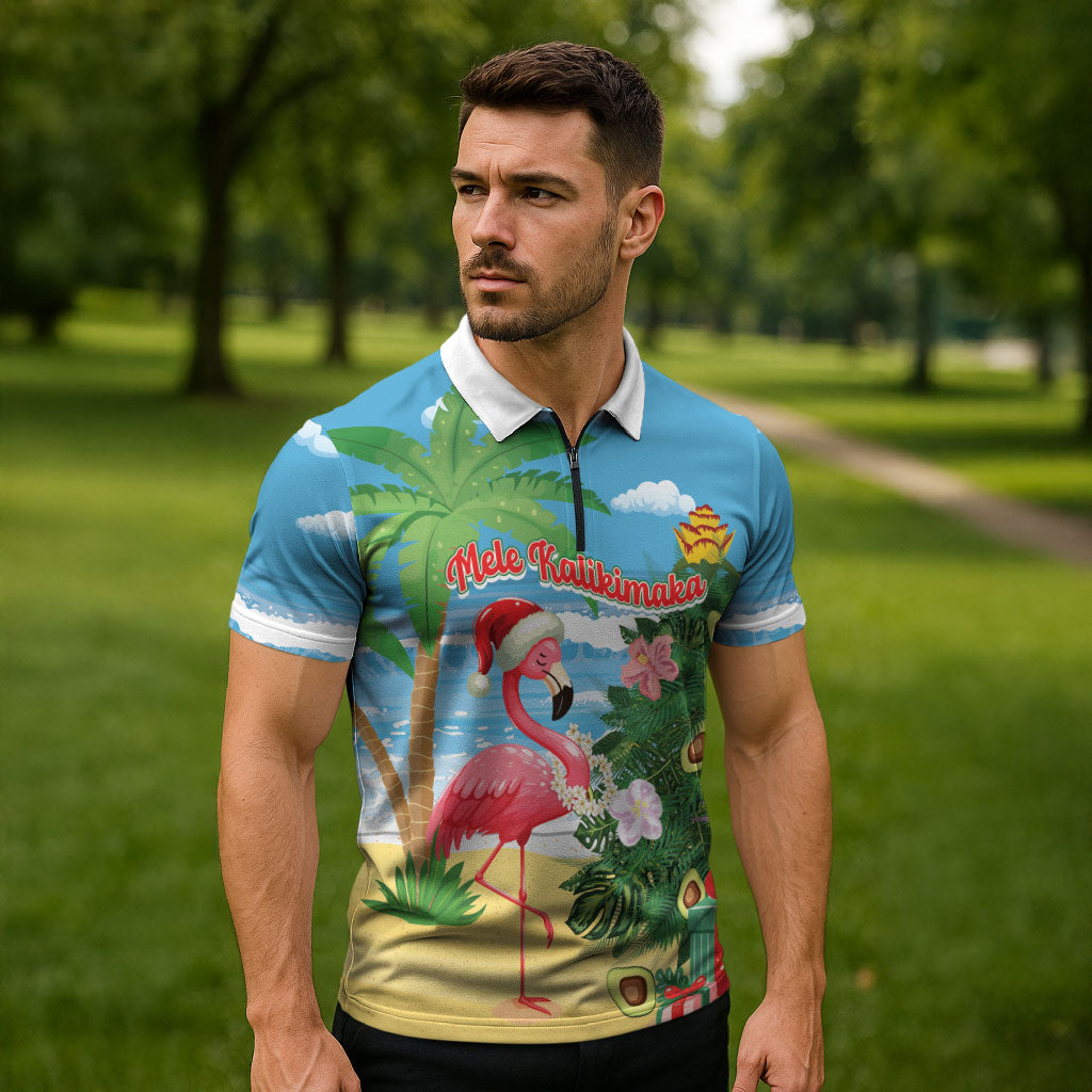 Flamingo Hawaii Summer Christmas Personalized Zipper Polo Shirt Mele Kalikimaka Beachy Vibes