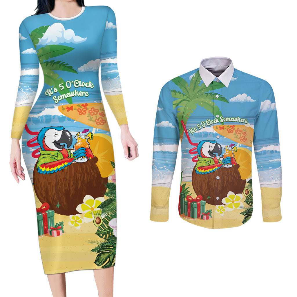 Chilling Parrot Hawaii Summer Christmas Personalized Couples Matching Long Sleeve Bodycon Dress and Long Sleeve Button Shirt It's 5 O'Clock Somewhere Beachy Vibes