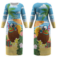 Chilling Parrot Hawaii Summer Christmas Personalized Couples Matching Long Sleeve Bodycon Dress and Long Sleeve Button Shirt It's 5 O'Clock Somewhere Beachy Vibes LT14 - Polynesian Pride