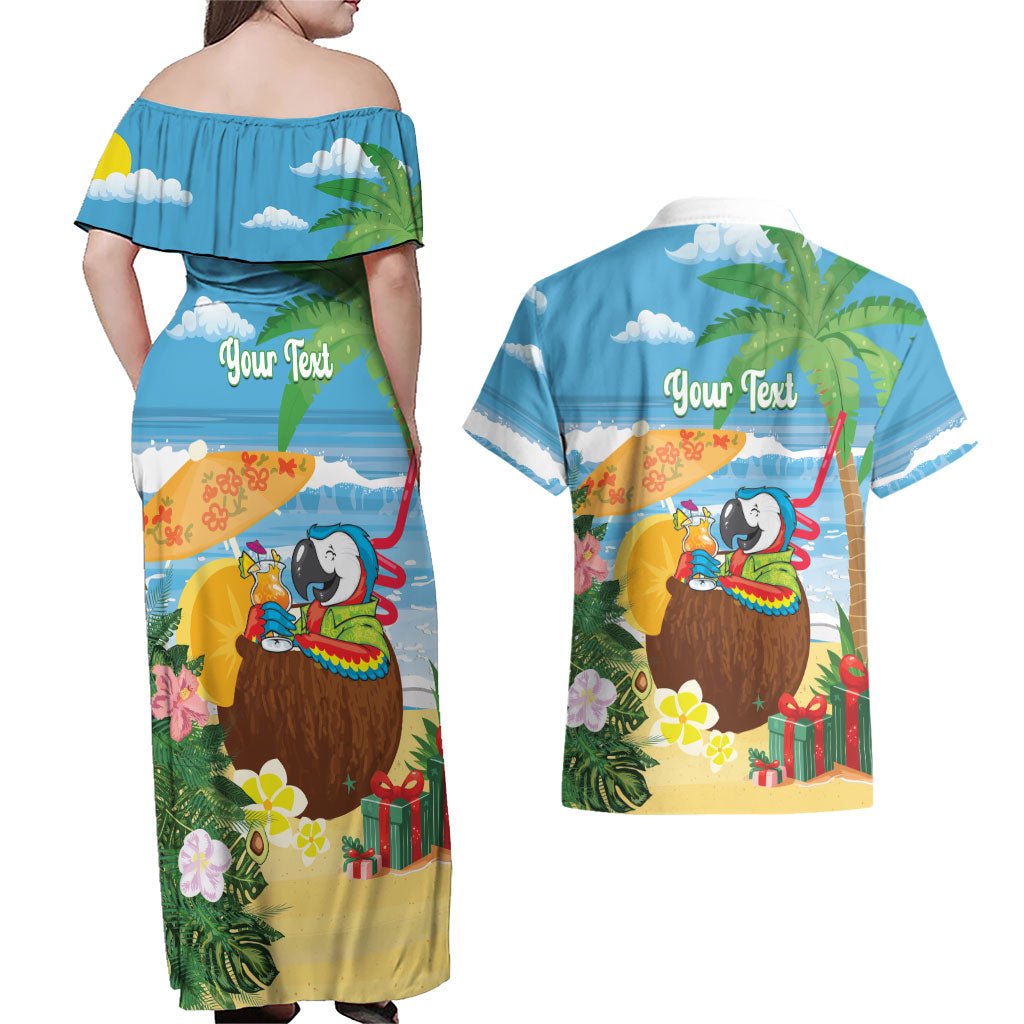 Chilling Parrot Hawaii Summer Christmas Personalized Couples Matching Off Shoulder Maxi Dress and Hawaiian Shirt It's 5 O'Clock Somewhere Beachy Vibes