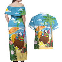 Chilling Parrot Hawaii Summer Christmas Personalized Couples Matching Off Shoulder Maxi Dress and Hawaiian Shirt It's 5 O'Clock Somewhere Beachy Vibes