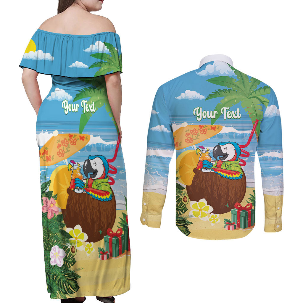 Chilling Parrot Hawaii Summer Christmas Personalized Couples Matching Off Shoulder Maxi Dress and Long Sleeve Button Shirt It's 5 O'Clock Somewhere Beachy Vibes