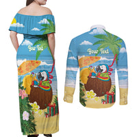 Chilling Parrot Hawaii Summer Christmas Personalized Couples Matching Off Shoulder Maxi Dress and Long Sleeve Button Shirt It's 5 O'Clock Somewhere Beachy Vibes