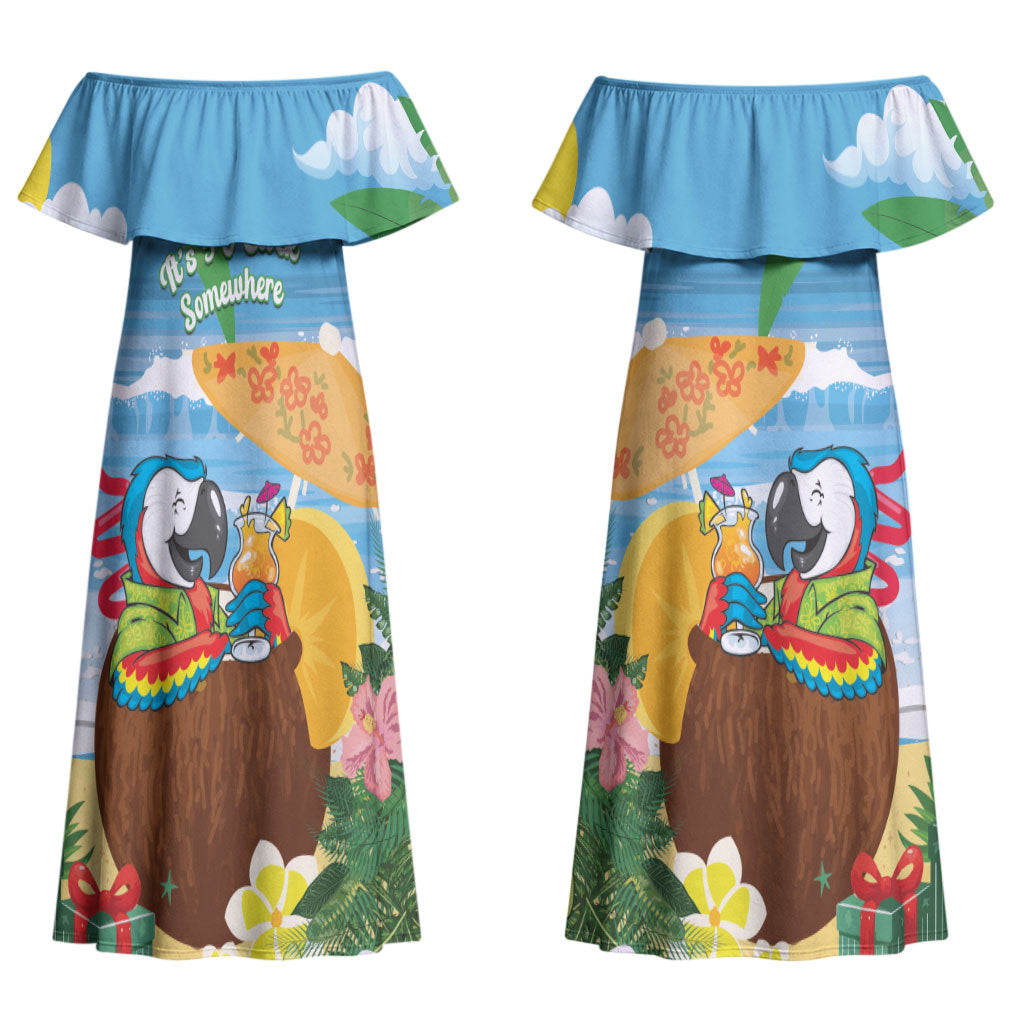 Chilling Parrot Hawaii Summer Christmas Personalized Couples Matching Off Shoulder Maxi Dress and Long Sleeve Button Shirt It's 5 O'Clock Somewhere Beachy Vibes LT14 - Polynesian Pride