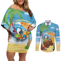 Chilling Parrot Hawaii Summer Christmas Personalized Couples Matching Off Shoulder Short Dress and Long Sleeve Button Shirt It's 5 O'Clock Somewhere Beachy Vibes