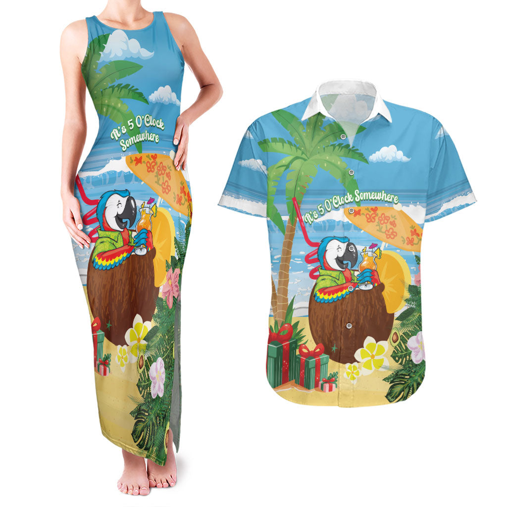 Chilling Parrot Hawaii Summer Christmas Personalized Couples Matching Tank Maxi Dress and Hawaiian Shirt It's 5 O'Clock Somewhere Beachy Vibes