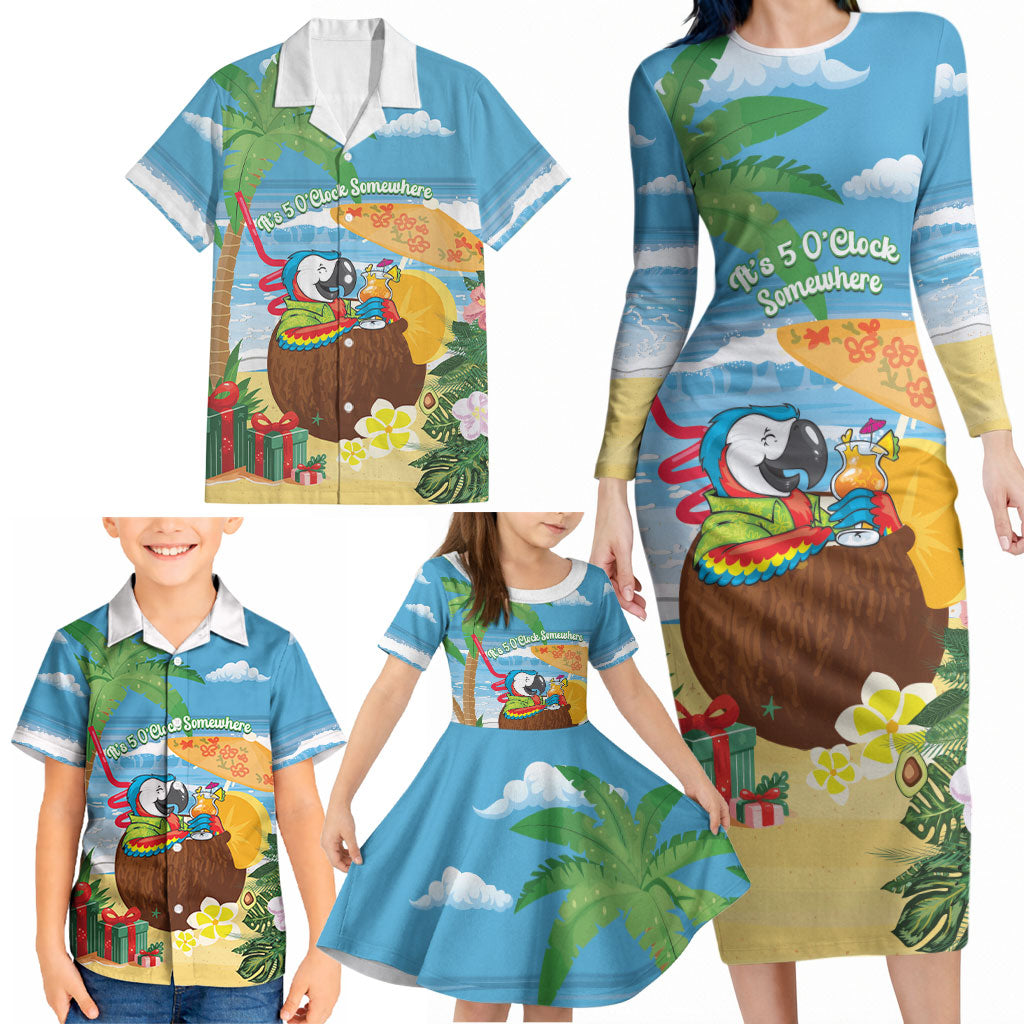 Chilling Parrot Hawaii Summer Christmas Personalized Family Matching Long Sleeve Bodycon Dress and Hawaiian Shirt It's 5 O'Clock Somewhere Beachy Vibes LT14 - Polynesian Pride