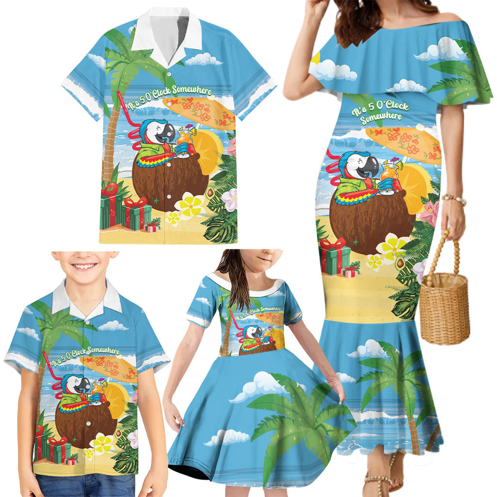 Chilling Parrot Hawaii Summer Christmas Personalized Family Matching Mermaid Dress and Hawaiian Shirt It's 5 O'Clock Somewhere Beachy Vibes